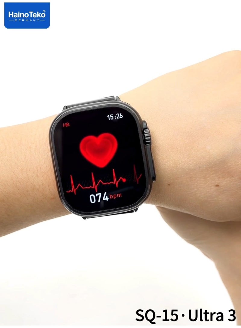 Haino Teko SQ-15 Ultra 3 Smart Watch with AMOLED Display Bluetooth Calling 3 Pair Straps and Charging Cable Designed for Ladies and Gents Black - Image 4